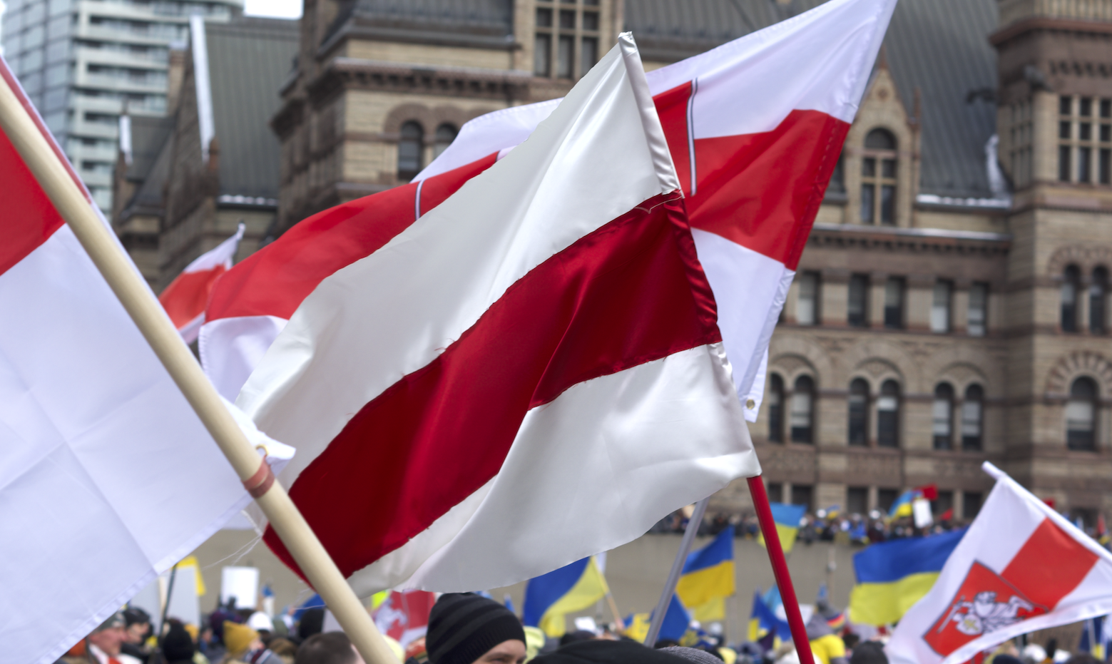 Various National Flags At Toronto Protest Shows Emotional Reach Of The War In Ukraine (Lithuania, Georgia, Belarus, Poland, Estonia, Taiwan, Netherlands, et al.)